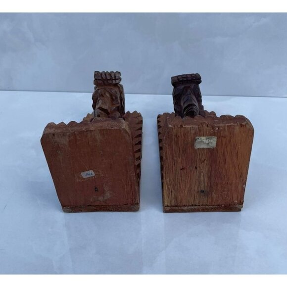 Vintage Bookends Pair Carved Wood Shelf Art Tribal Hand Crafted Brown 4.5x7" - Picture 5 of 11